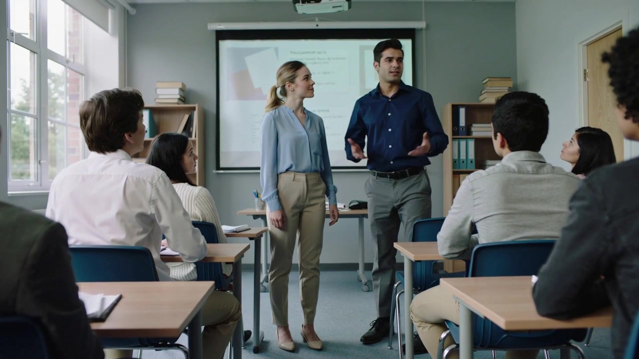 Insegnante accogliente con un top chiaro che fa cenno a uno studente che si alza e parla in classe con uno schermo per proiettore
