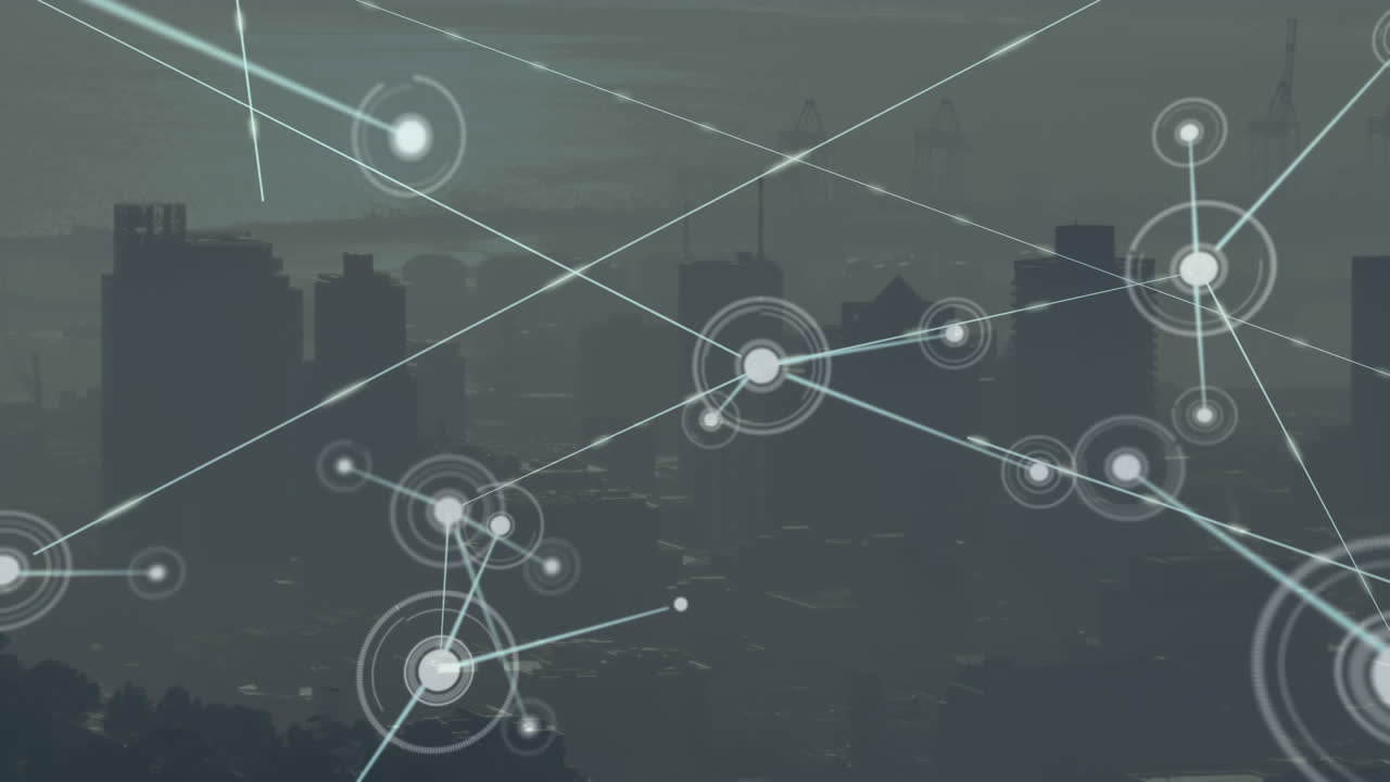 Animation of network of connections over cityscape