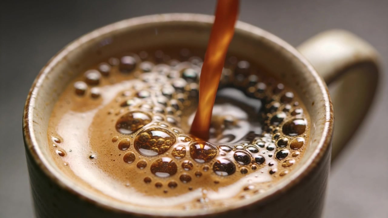 Keramisk krus fyldes med en jævn kaffestrøm, mens hældningen begynder på bordet, med crema og bobler.