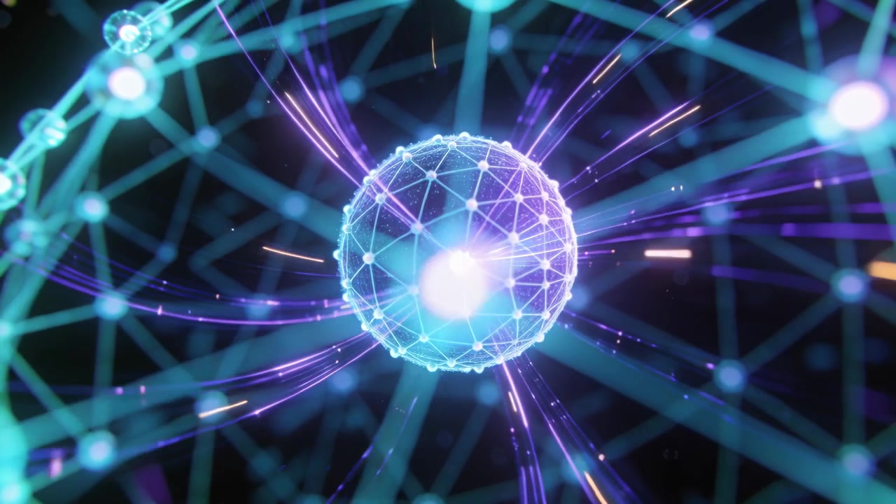 Telecamera che si muove lentamente rivelando una sfera geodetica che pulsa all'interno di una griglia, inviando filamenti viola verso l'esterno.