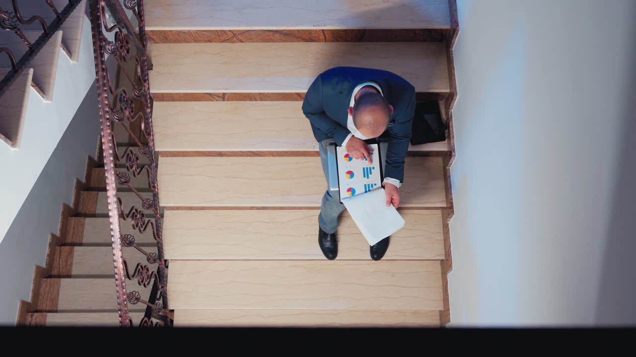 Top view of stress entrepreneur working overtime