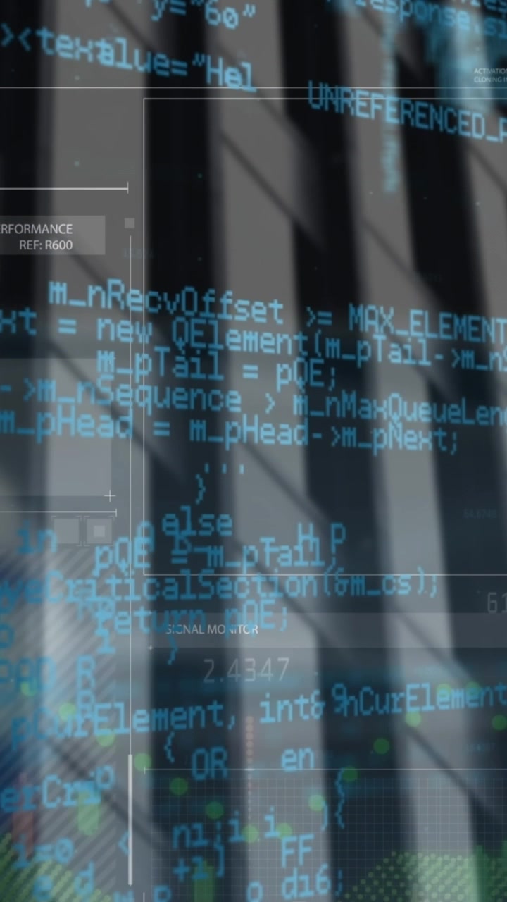 Animation of interface with data processing against tall building