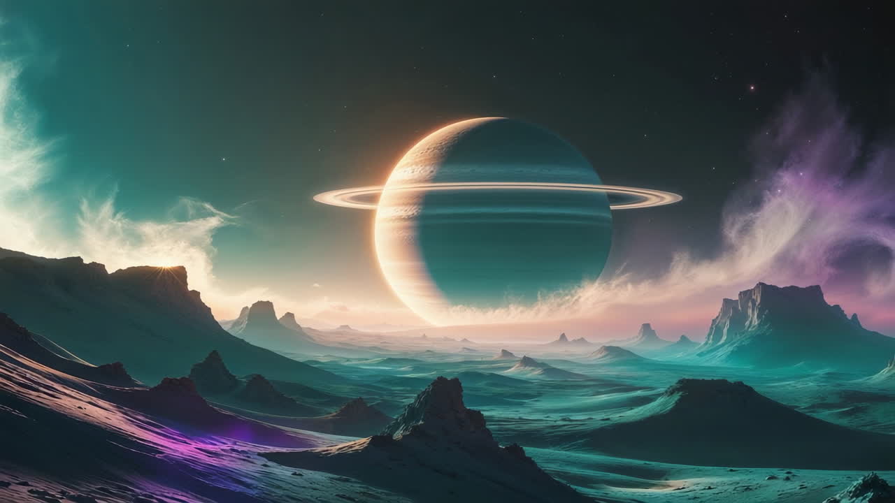 A ringed planet looms over a fantastical alien landscape at dusk
