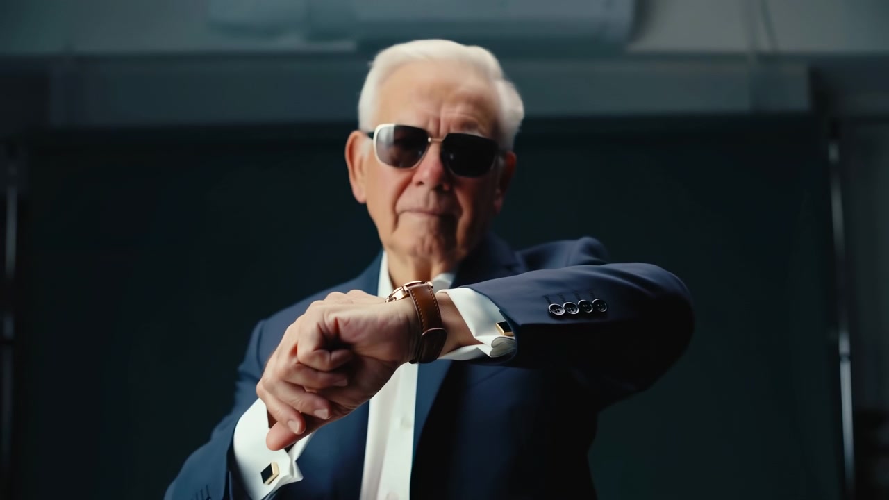 Un uomo dai capelli bianchi tiene un braccio esteso per mostrare un orologio da polso con cinturino marrone, toccando vicino all'orologio con la mano opposta mentre l'inquadratura si allarga gradualmente in una luce interna soffusa.