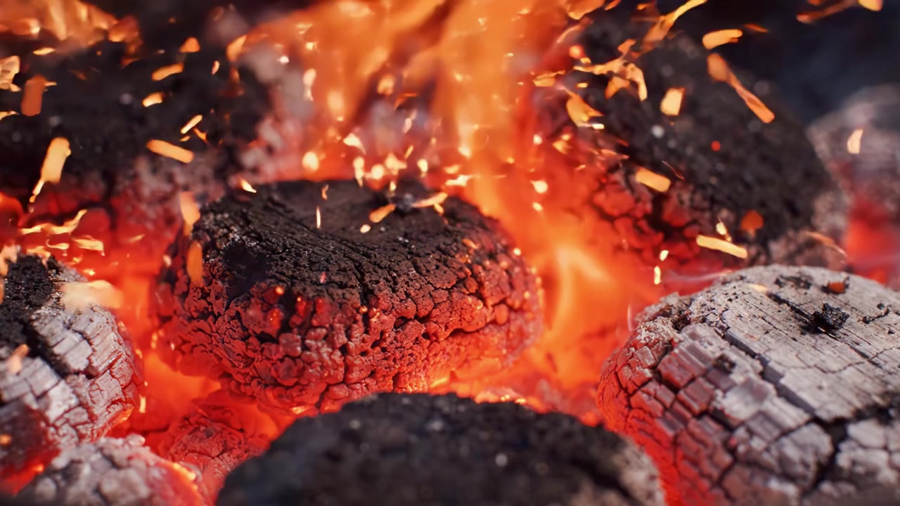 Primo piano di bricchette di carbone ardenti su un letto di braci incandescenti, che evidenzia il calore e la consistenza in un'ambientazione da barbecue.