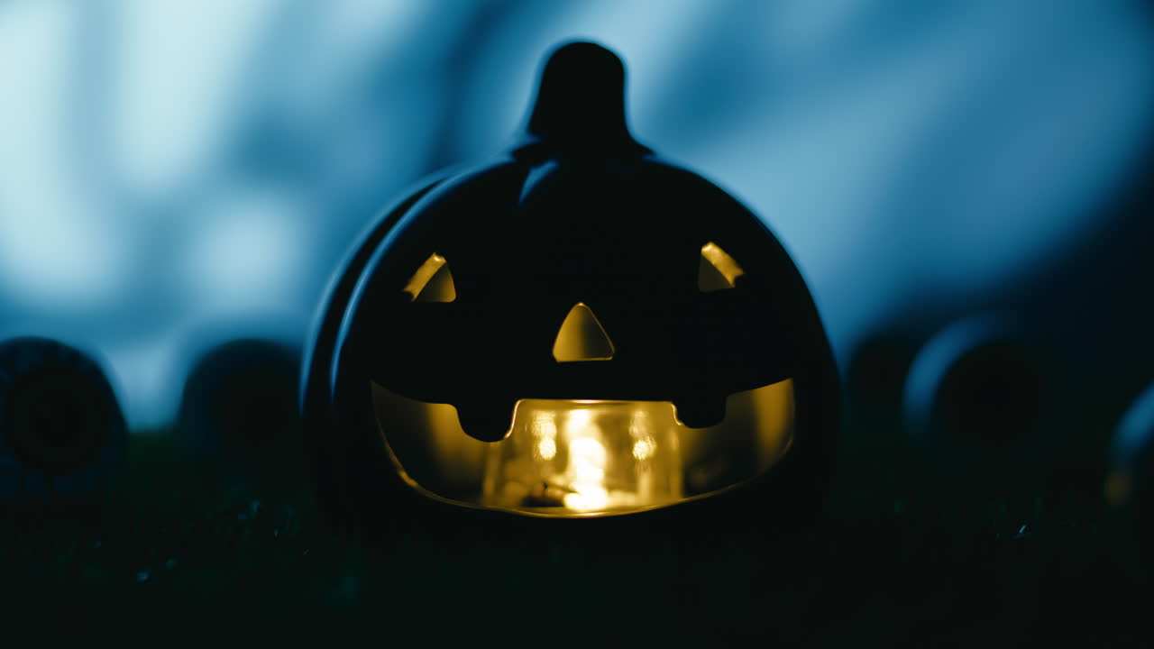 Horror Halloween black pumpkin amidst scary eyes at night