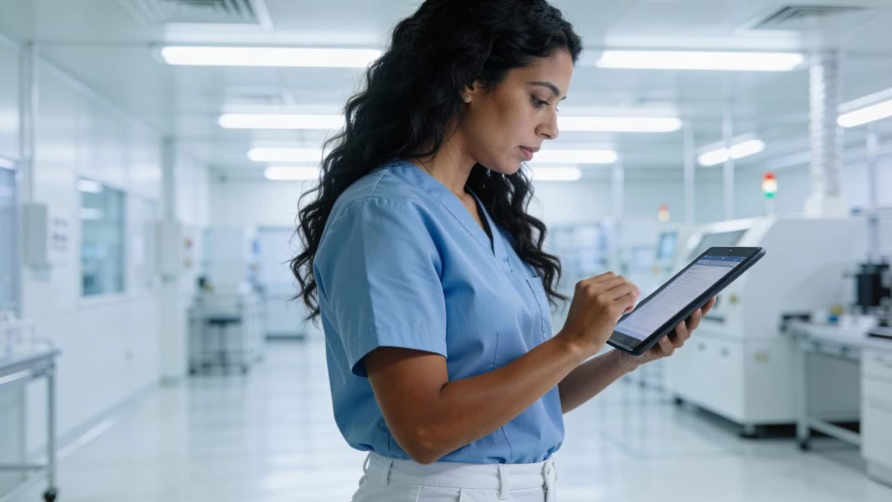 Tapping lab technician in blue scrubs checking test results on tablet in corridor with analyzers
