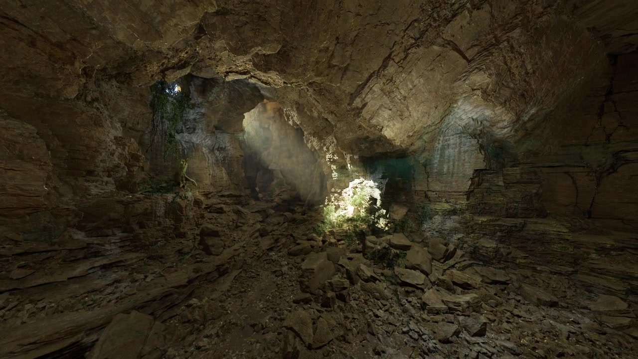 Expansive underground world featuring twin illuminated shafts