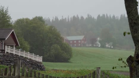 Heavy-Rain-With-Wind-Over-Houses-In-The-Town-Of-Indre-Fosen-In-Norway