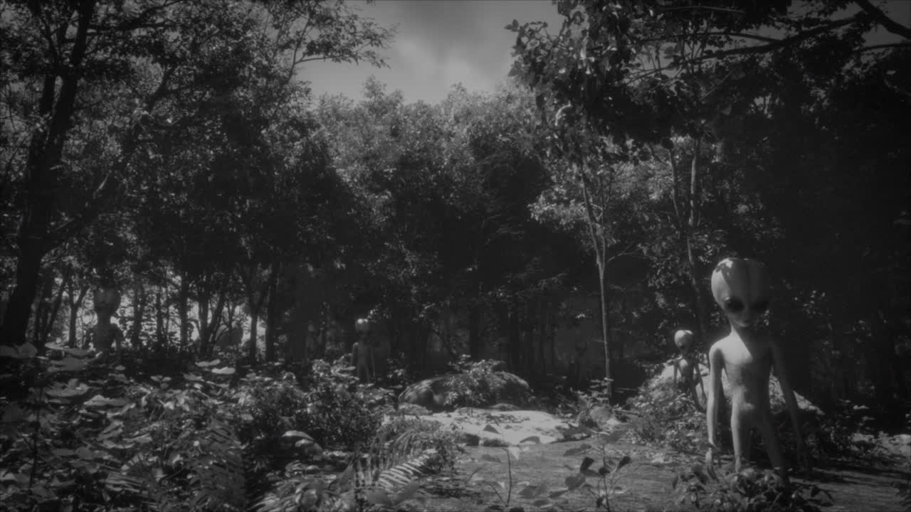 Old monochrome footage of a dark misty woodland where Roswell-style grey aliens stand menacingly in the shadows of a woodland clearing
