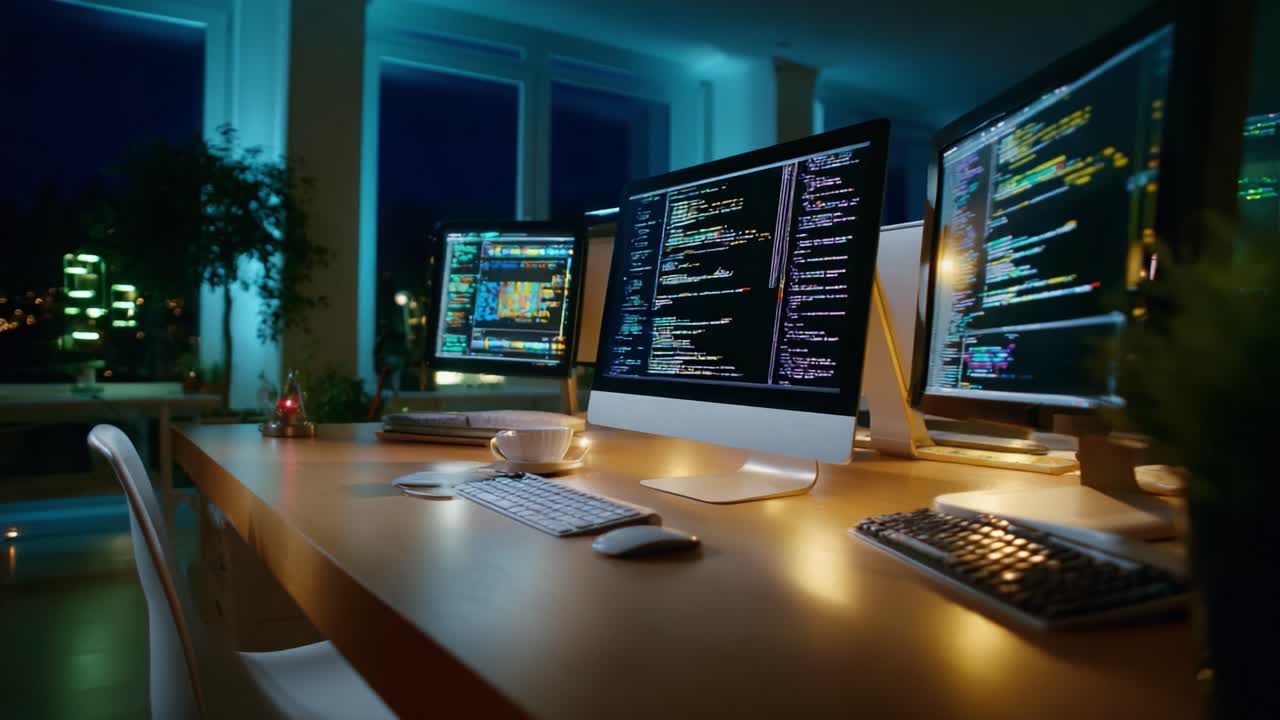 A Modern Coding Workspace at Night: Multiple Monitors Displaying Complex Code and a Cozy Atmosphere with Soft Lighting and a Neat Desk Setup for Productive Software Development