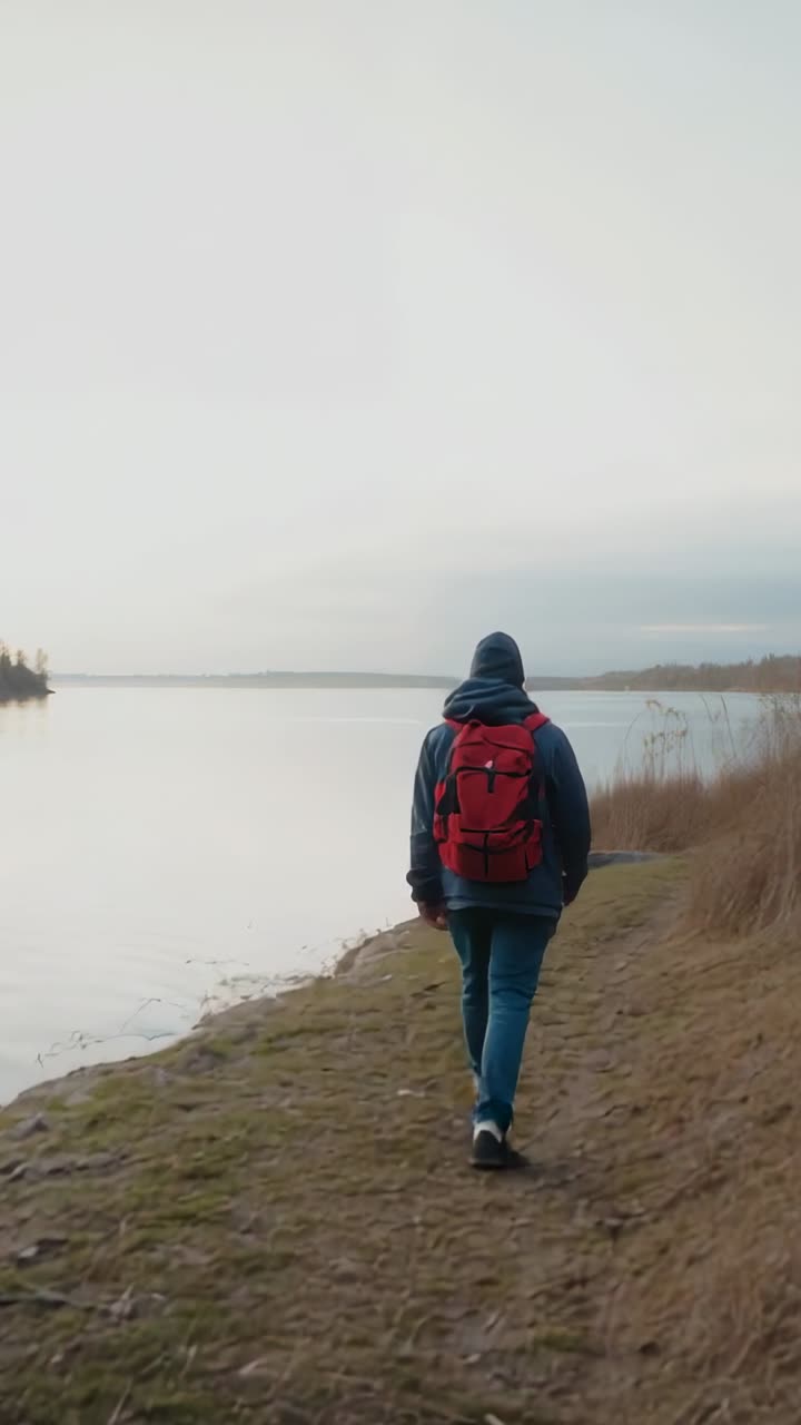 Video verticale: uomo con felpa che cammina da sinistra lungo un sentiero sul lago, con uno zaino rosso