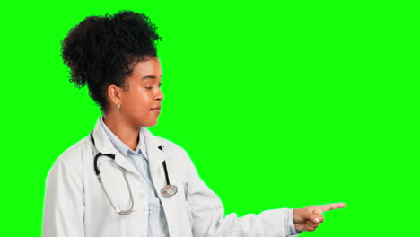 Pointing,-doctor-and-confused-with-woman-on-green