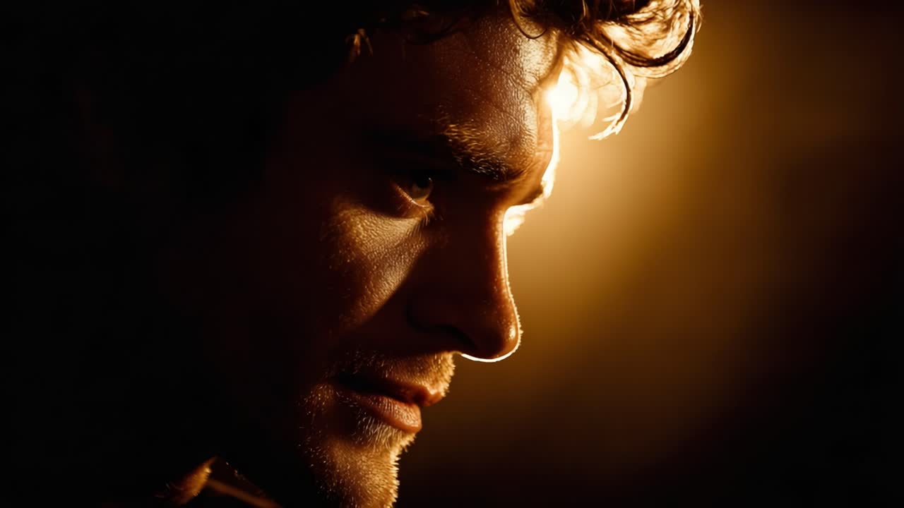 A captivating close-up of a man’s profile illuminated by soft, warm light, showcasing the intricate details of his facial features and the emotion in his expression