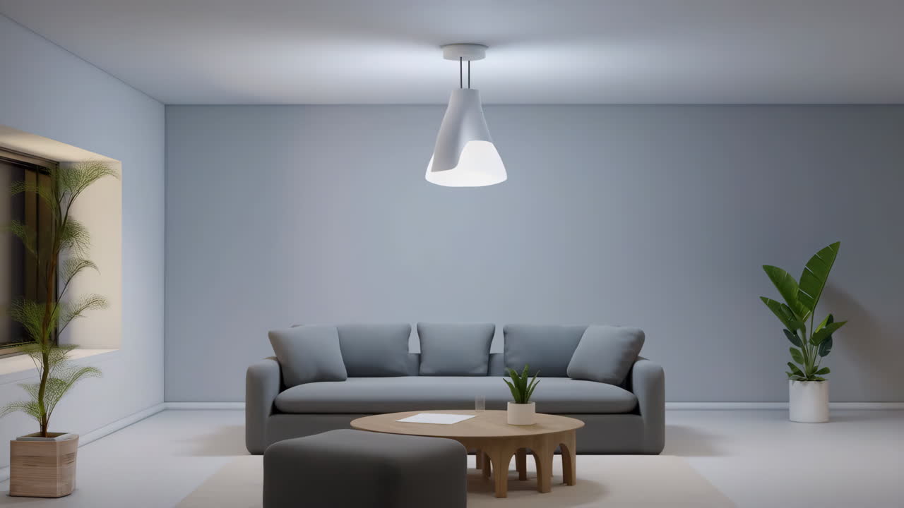 Modern Minimalist Living Room Interior with Grey Sofa and Plants