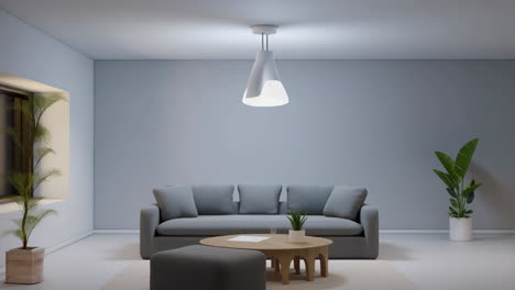 modern minimalist living room interior with grey sofa and plants