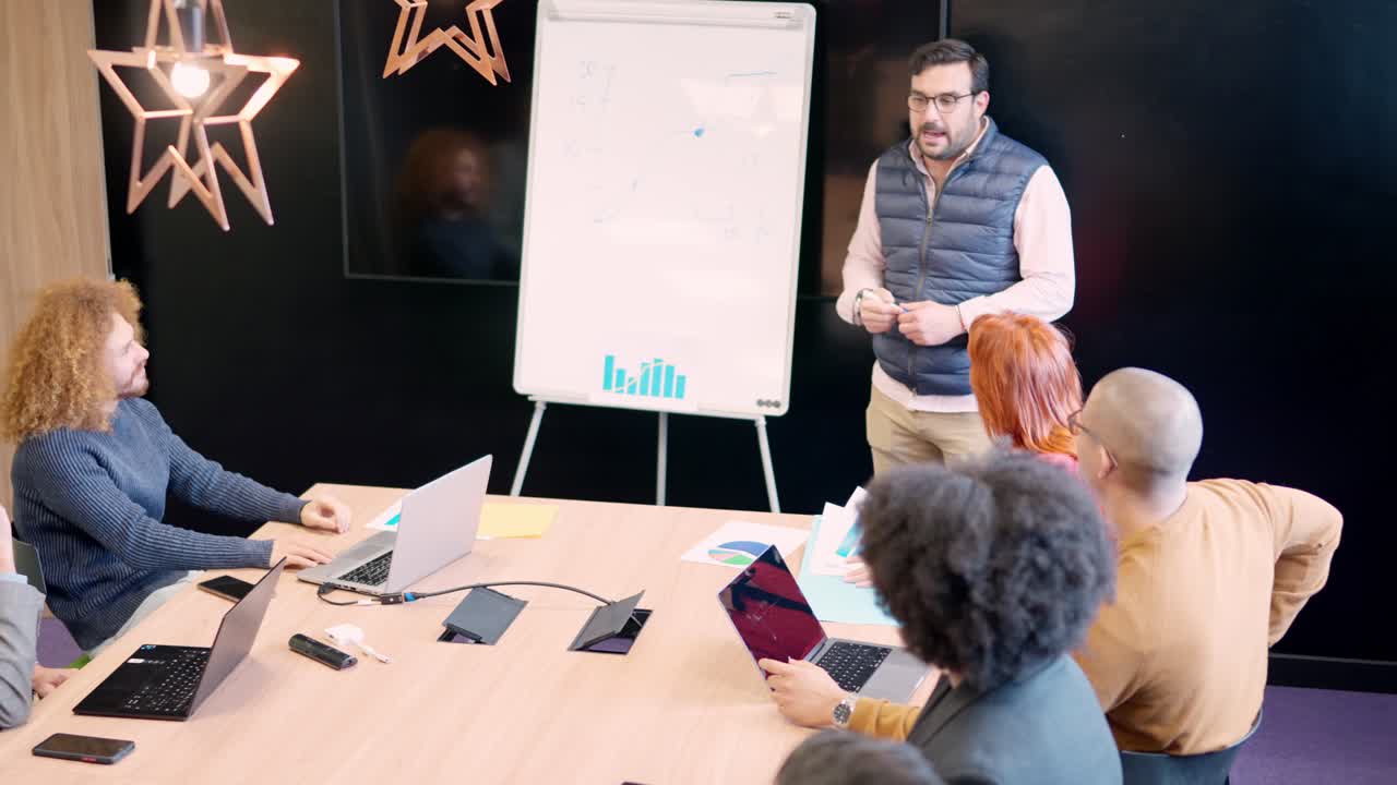 Worker explaining a project to colleagues in a meeting room