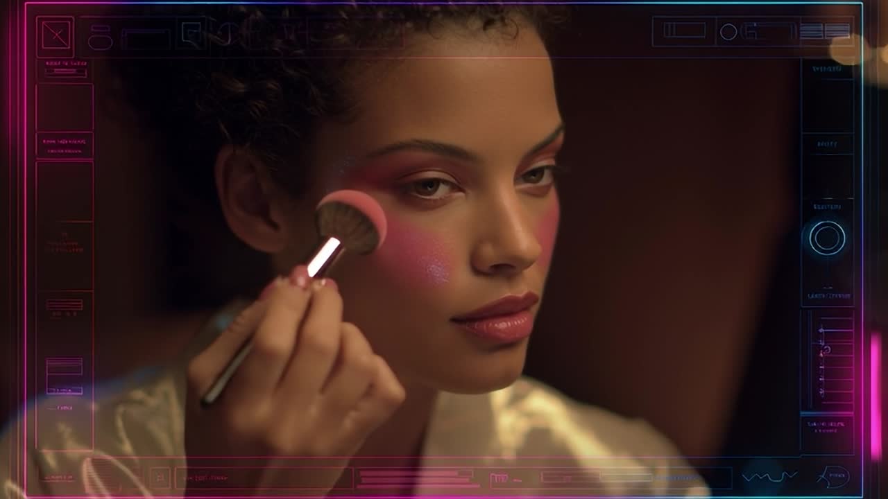 Woman applying makeup in a stylish setting during the evening