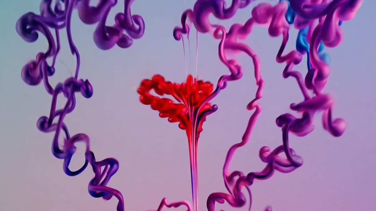 Colorful ink swirls blend and intertwine, forming a vibrant heart shape, showcasing fluid motion and artistic expression in a captivating visual sequence