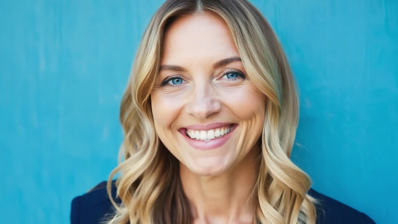 Smiling Woman with Blonde Hair and Blue Eyes