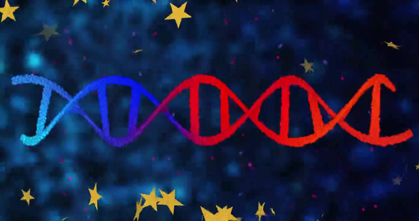 Partikelklynger samles, tegner stiliseret DNA-helix, skiftende gradient for at vise molekylære data.