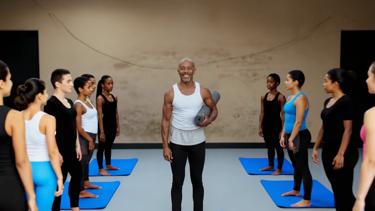 Zooming instructor holding yoga mat in yoga studio, students aligning on blue mats for yoga