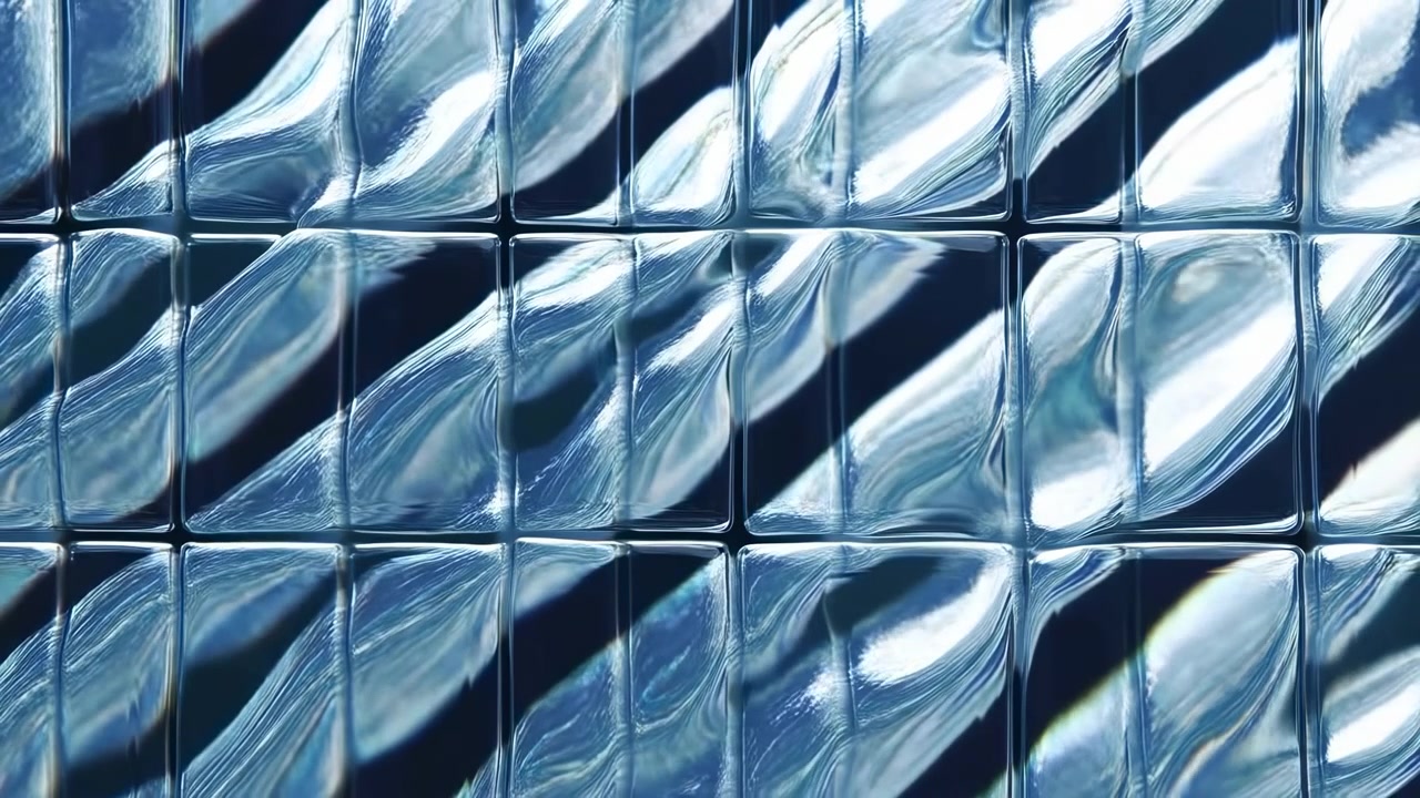 Nahaufnahme blauer Glasfliesenreflexionen zeigen schimmerndes Gittermuster und kühles Licht, glänzende quadratische Scheiben