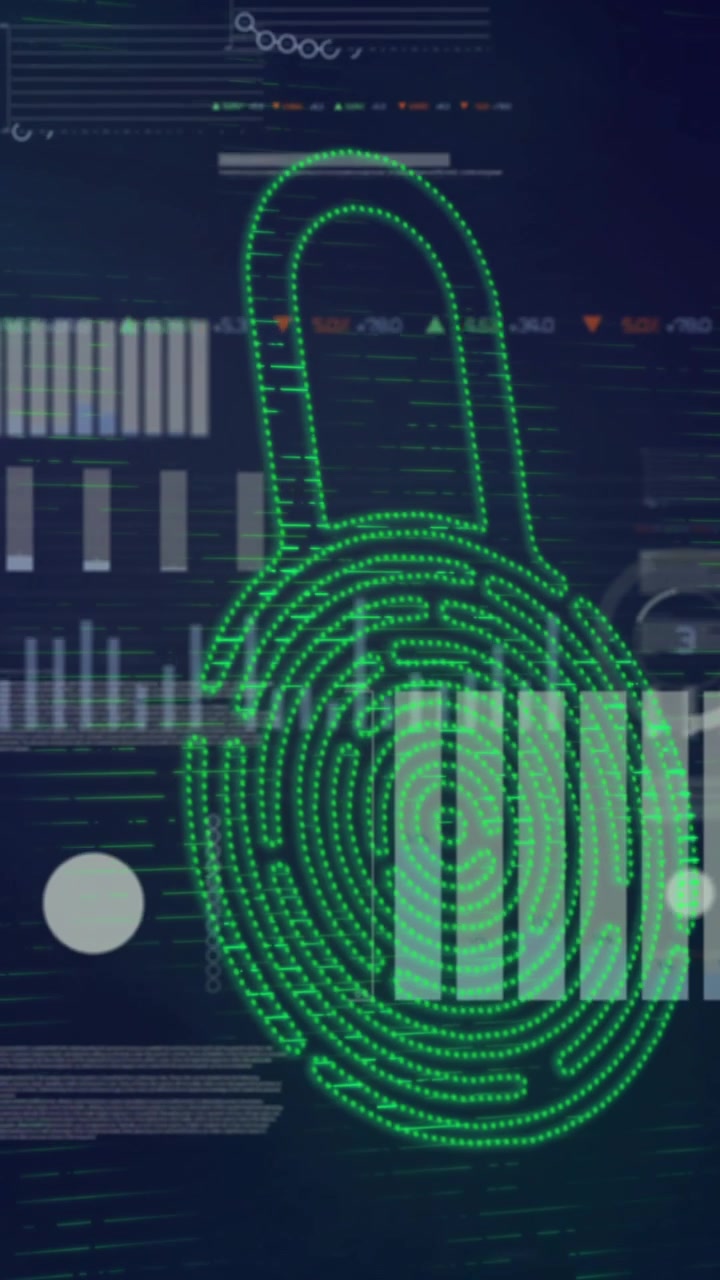 Green padlock and fingerprint animation over digital data and graphs