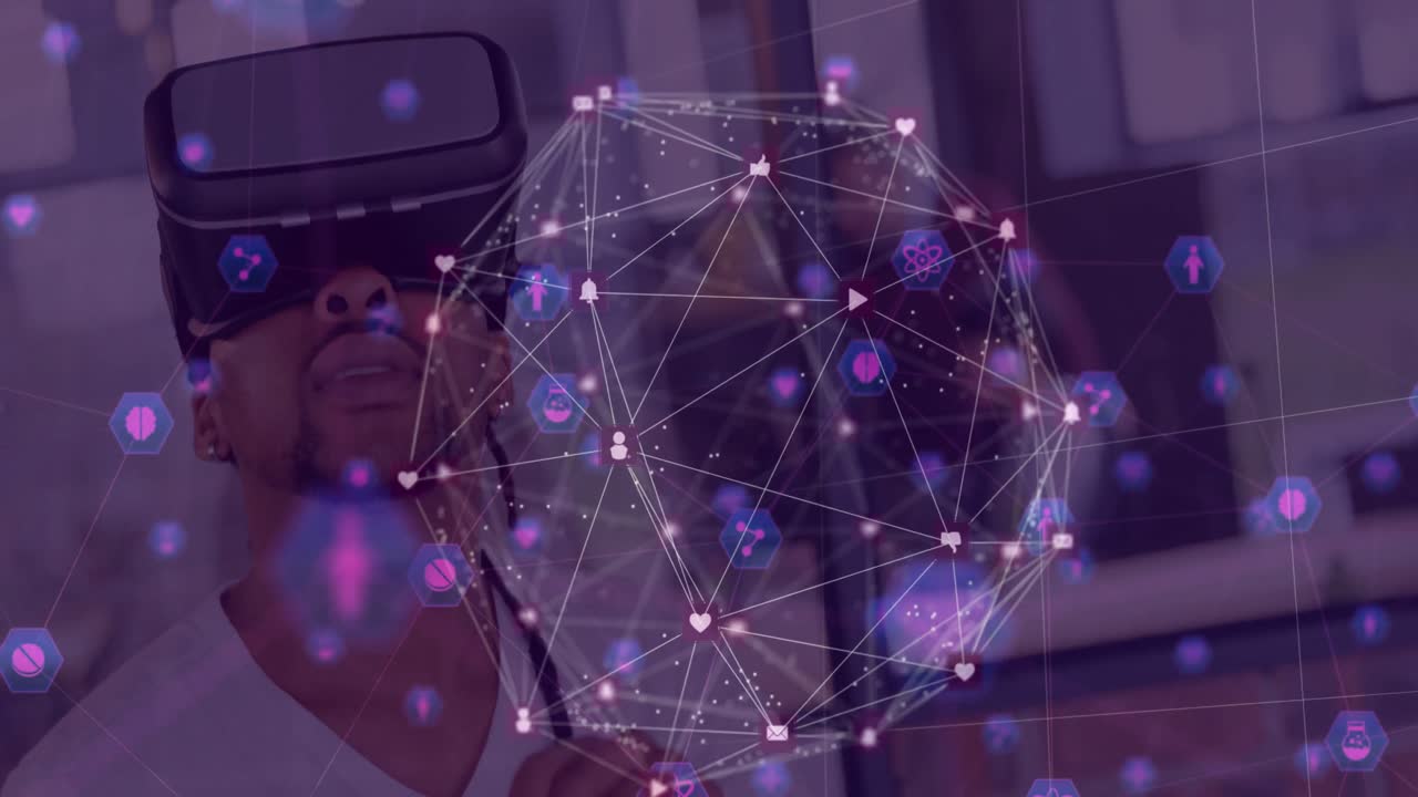 globo de red de conexiones contra el hombre usando auriculares vr