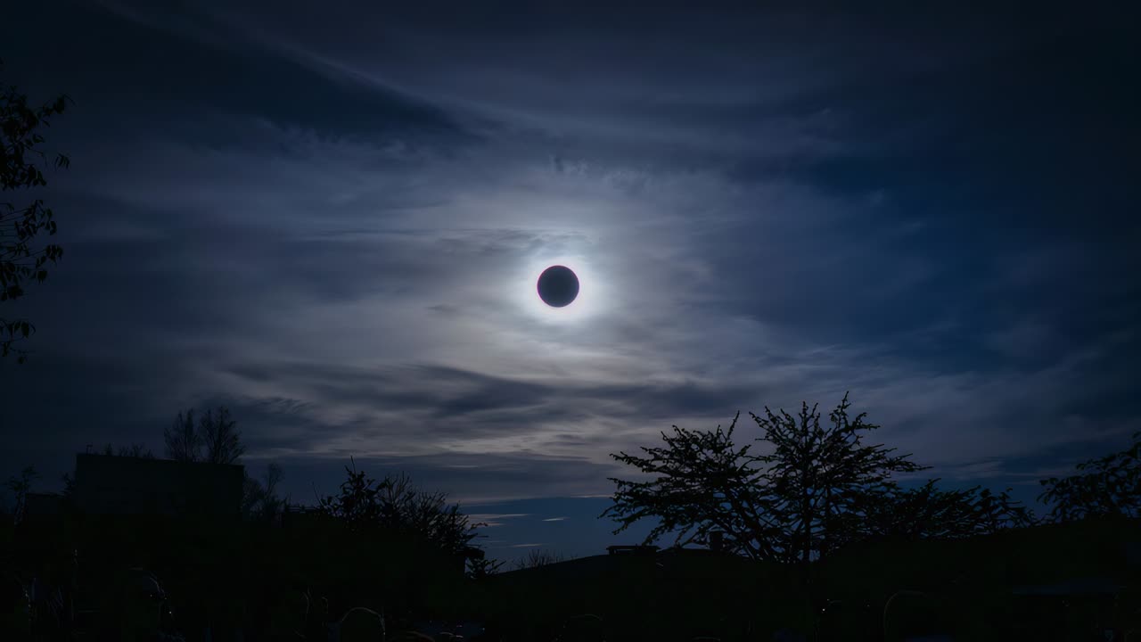 Showing total solar eclipse corona lighting sky over suburban roofs, clouds moving, person watching