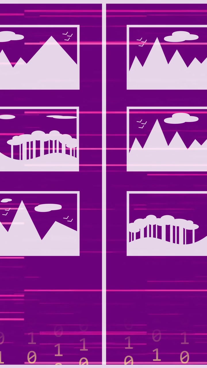 Animation of digital pictures and falling binary codes with lines over purple background