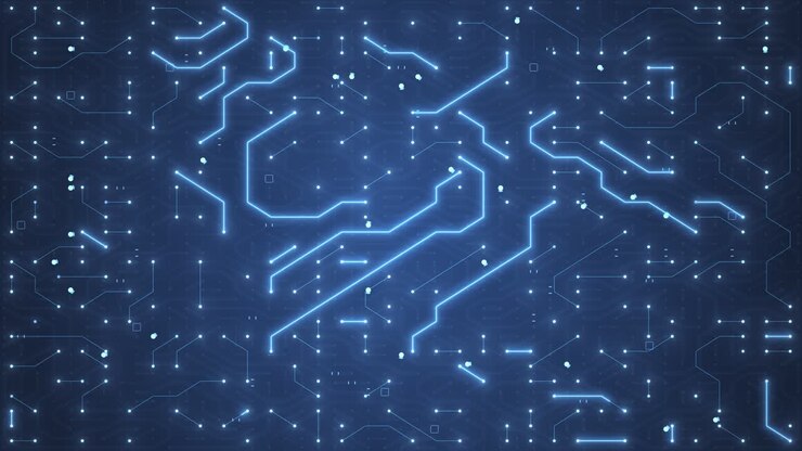 Circuito stampato con elettroni in movimento. Sfondo astratto blu di circuito elettronico. Intelligenza Artificiale