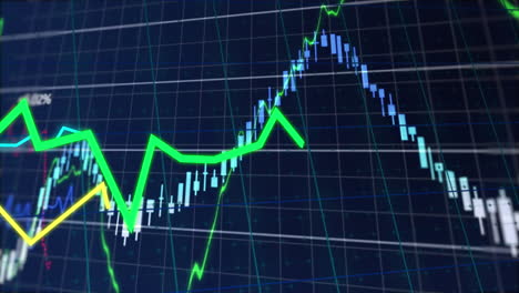 animación del procesamiento de datos estadísticos y financieros a través de la red de red contra un fondo azul.