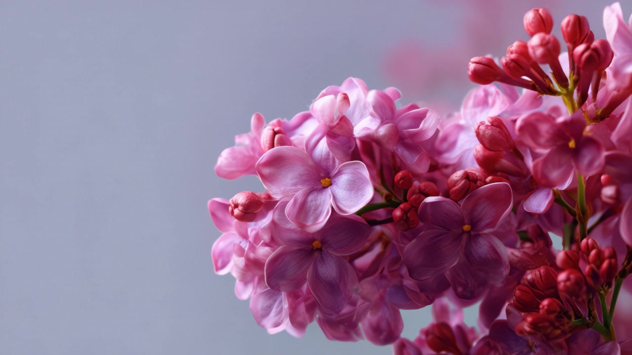 Atemberaubende Nahaufnahme von blühenden Fliederblüten, die ihre zarten rosa Blütenblätter und leuchtend roten Knospen vor einem weichen grauen Hintergrund zeigen