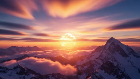 majestic mountain peaks at sunset or sunrise