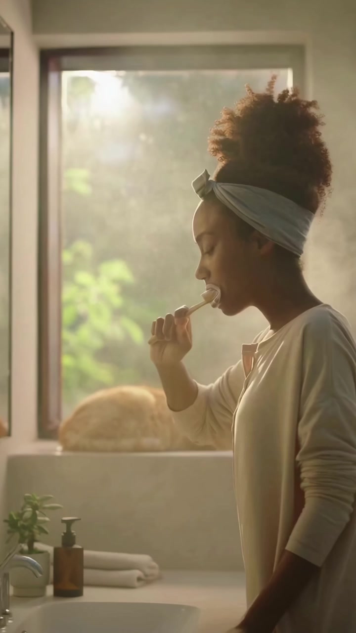 Young Woman Brushing Teeth and Drinking Water in Morning Bathroom