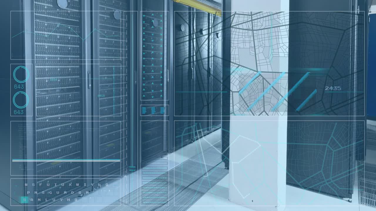 Animation of interface with data processing against computer server room