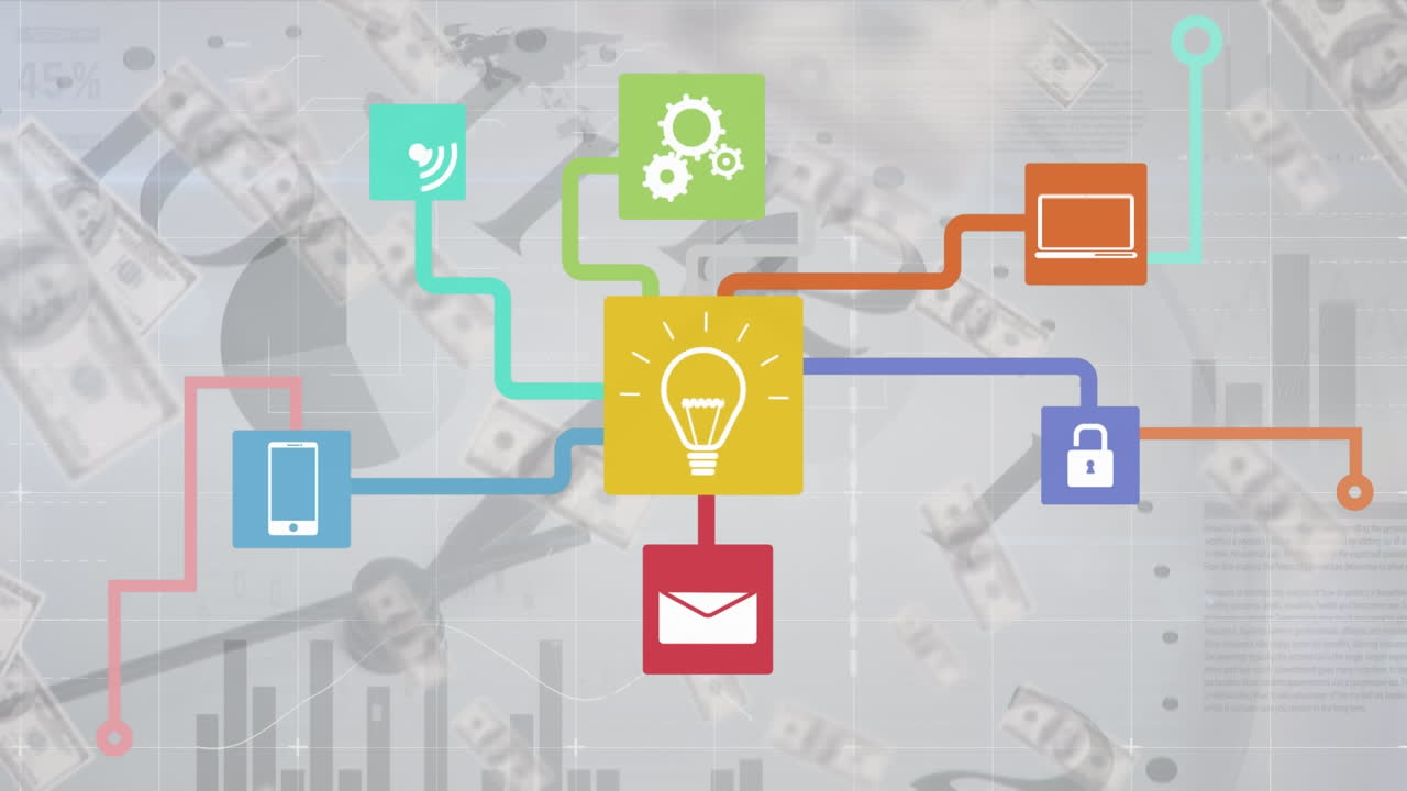 연결 네트워크의 애니메이션, 통계 및 금융 데이터 처리 미국 달러
