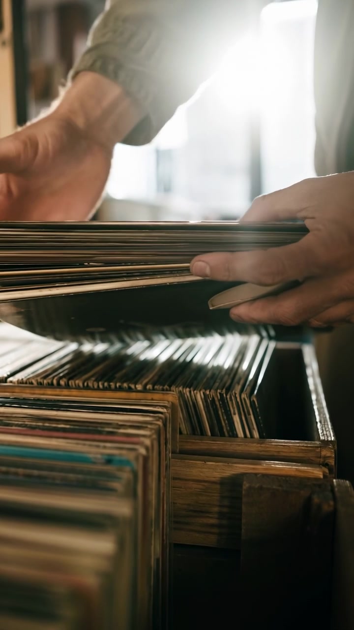 Close-up scene of adult hands lifting, fanning, inspecting, and returning vinyl record sleeves above packed wooden crate in warm indoor retail or collection space with soft contrast