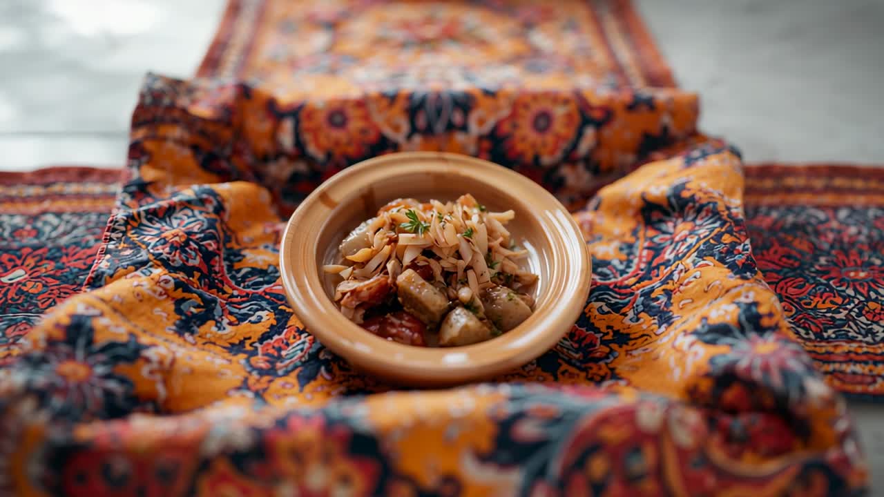 Pulling focus, camera revealing ceramic bowl on floral runner, showing diced veg, herb for texture