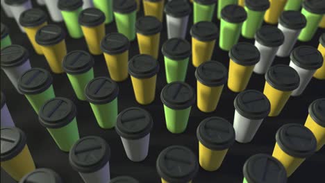 fondo de tazas de café de tres colores. renderizado abstracto en 3d con luz brillante y sombras. patrón de tachas de café. animación en bucle. amarillo verde blanco