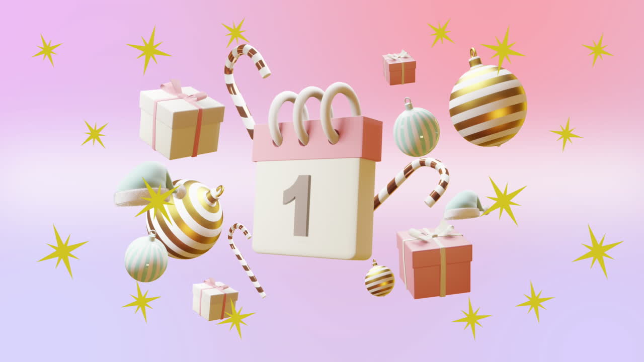 animación del calendario sobre decoraciones navideñas en fondo rosa