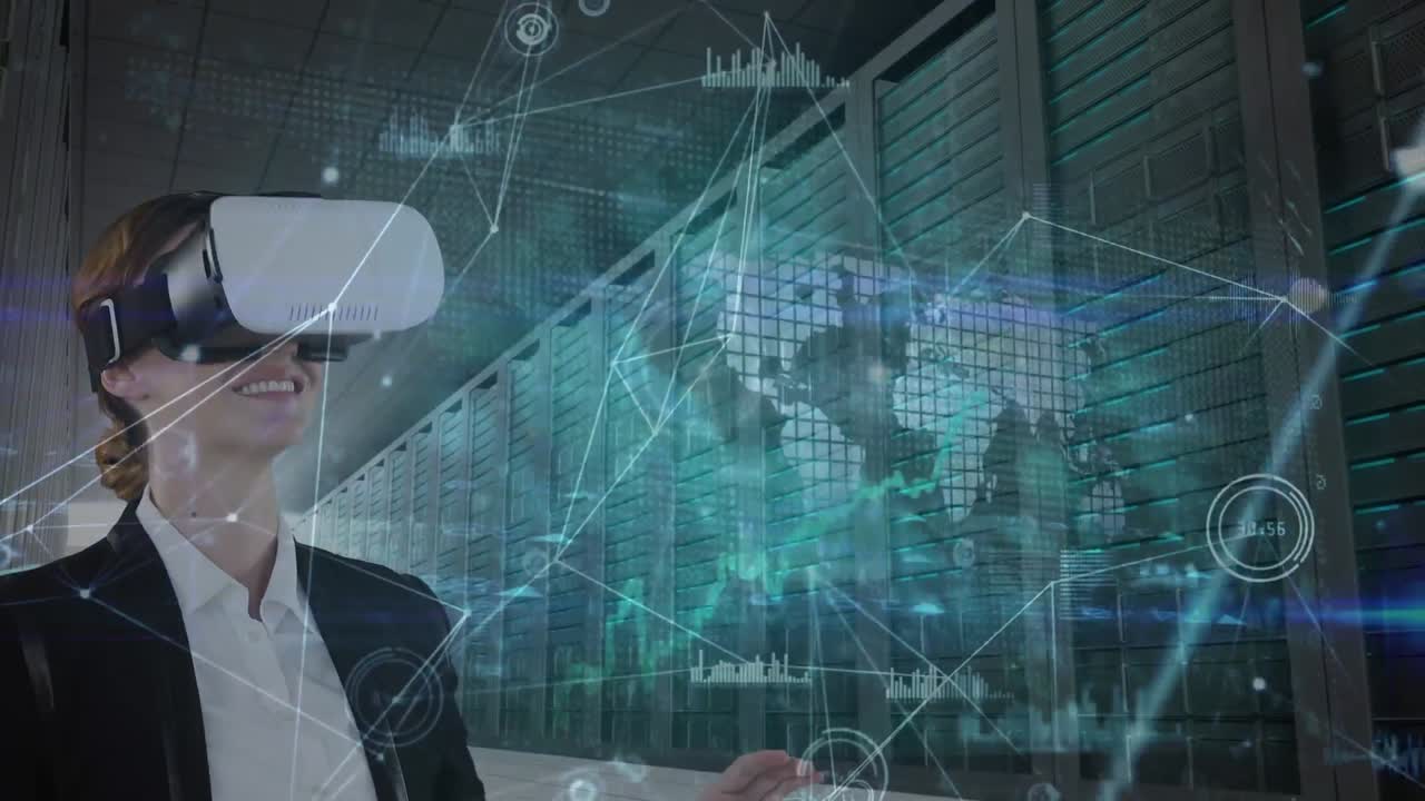 Animation of Caucasian woman wearing VR headset and touching screen with processing data
