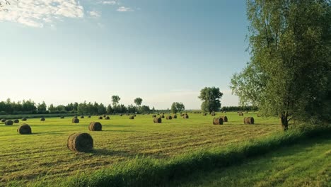 Stunning-farmland-in-Poland-with-hay-bales-during-golden-hour-sunset