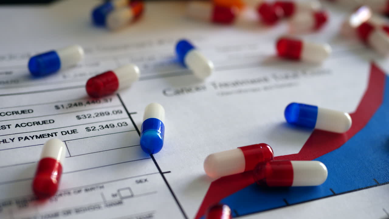 Cancer treatment drugs and pills on a prop health care insurance form showing high costs of chemotherapy