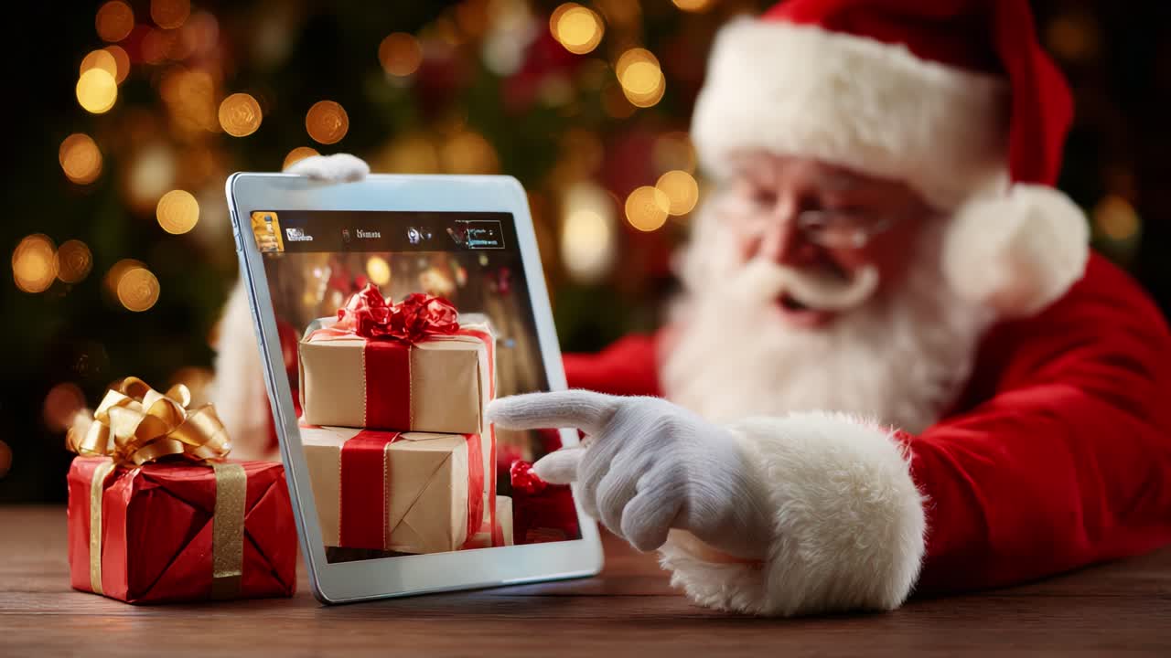 A jolly Santa Claus in festive attire joyfully interacts with a tablet, showcasing beautifully wrapped gifts, radiating holiday cheer and warmth in a magical Christmas atmosphere