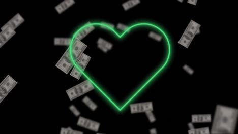 animación de corazón de neón y dólares sobre fondo negro