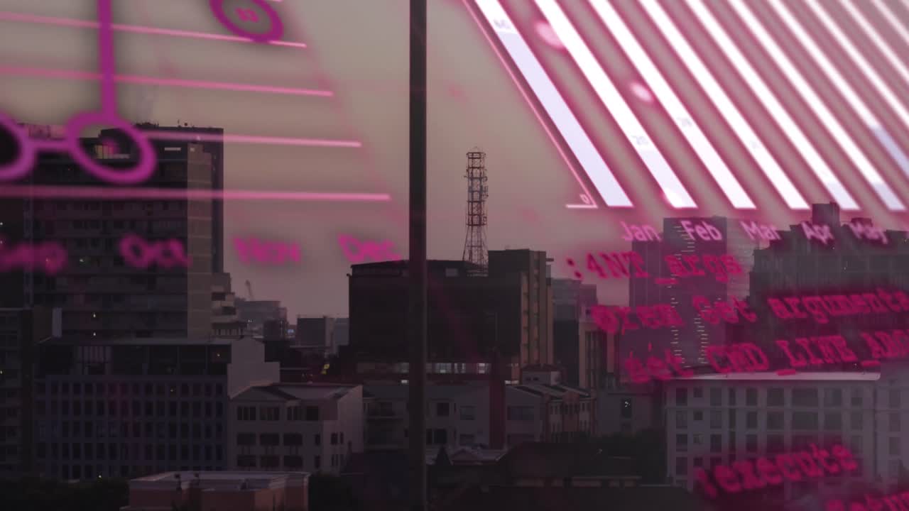 animación del procesamiento de datos estadísticos frente a una vista aérea del paisaje urbano