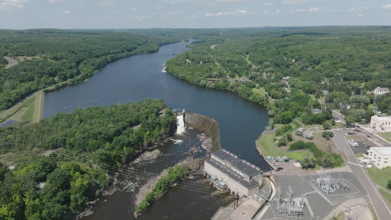 St. Croix River And St Croix Falls Hydro Electric Dam In Between Wisconsin And Minnesota In The United States. Aerial Shot