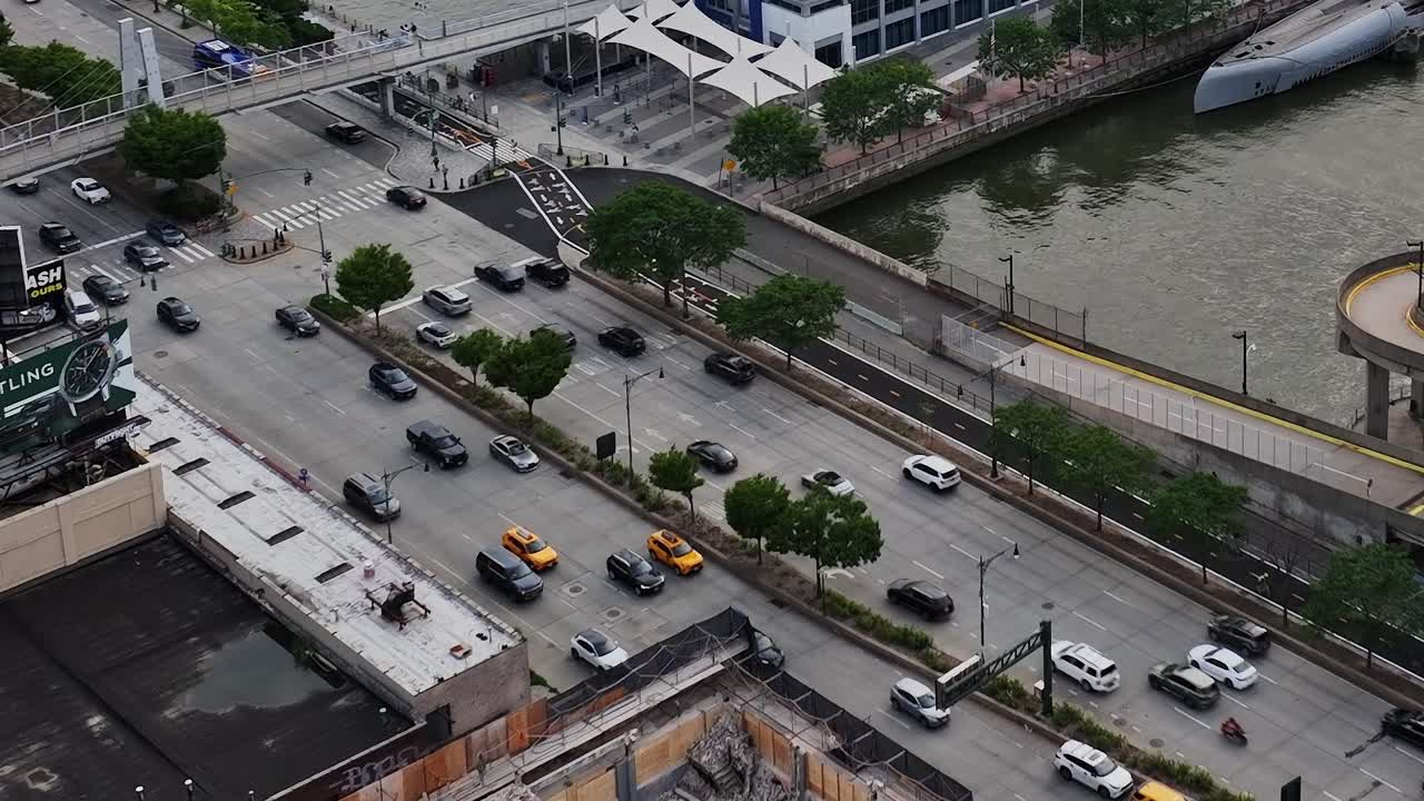 Exploring the busy streets and waterfront of New York City from above